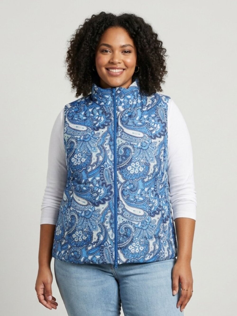 Talbots Puffer Vest Womens 3X Blue Paisley Duck Down Feather Two-Way Full Zip